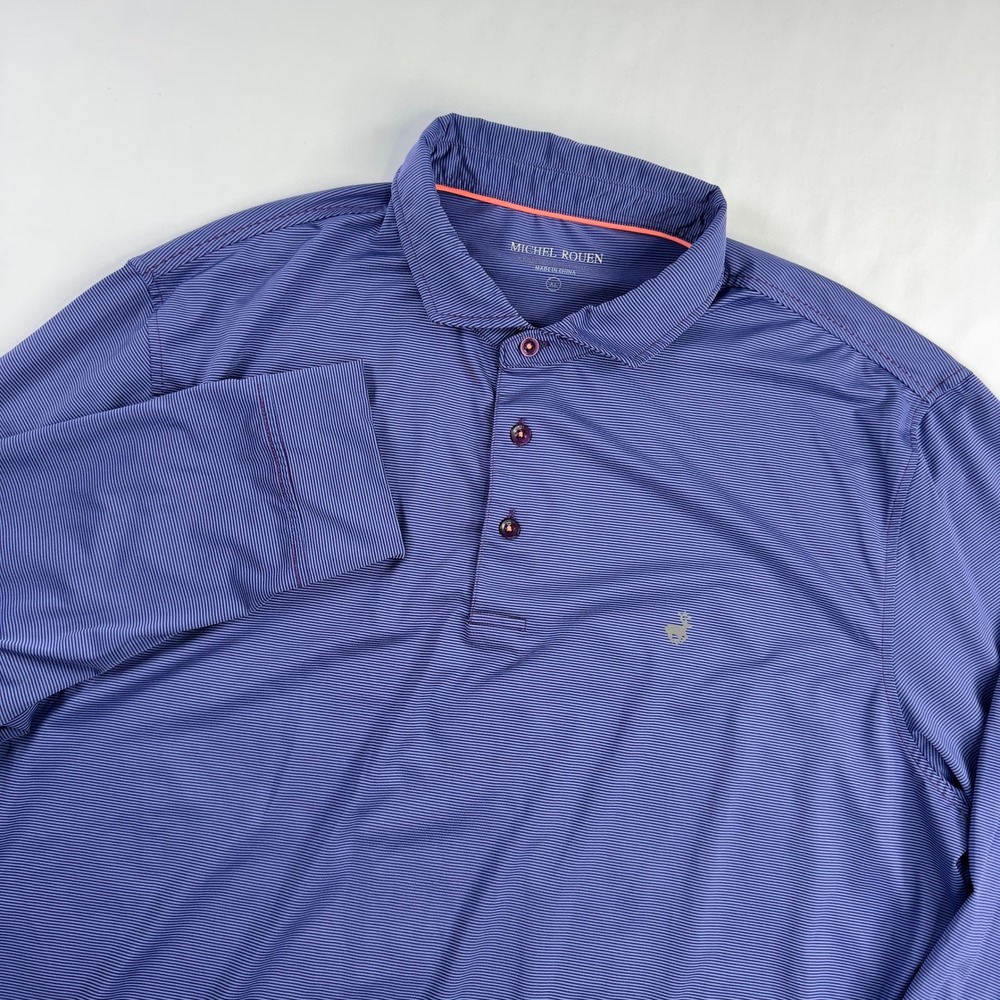 Michel Rouen Shirt Men's XL Purple‎ Stripe Performance Polo Long Sleeve